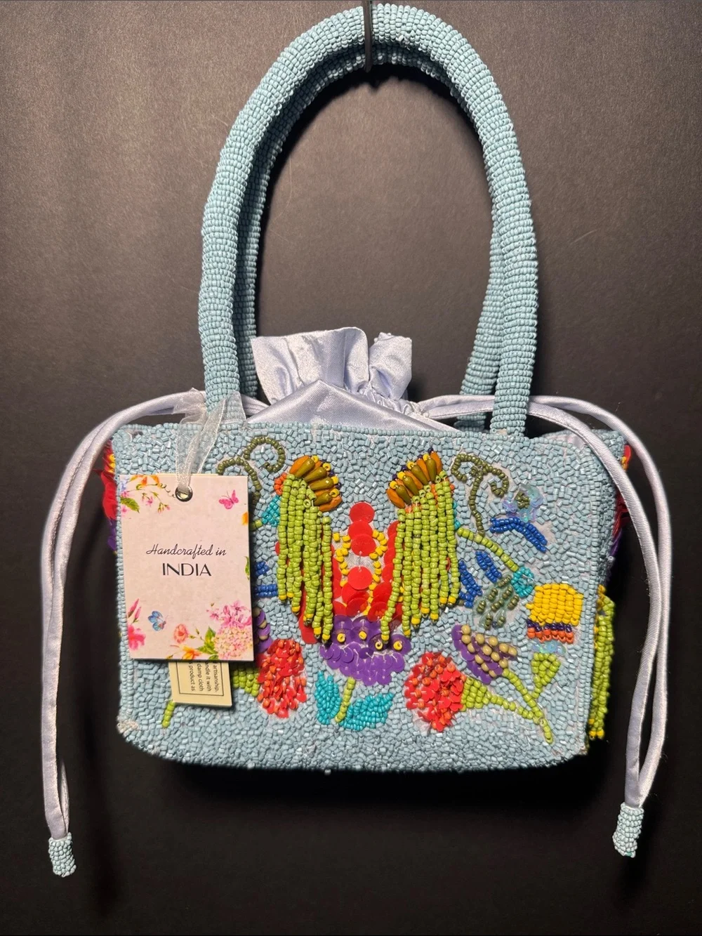 Hand-Beaded Floral Tulip Drawstring Clutch in Light Blue
